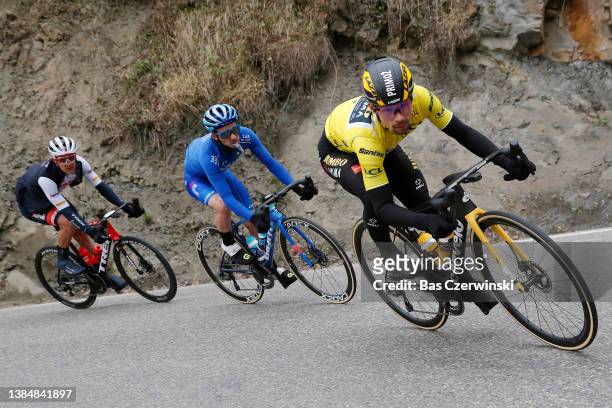 Simon Yates of United Kingdom and Team Bikeexchange - Jayco and Primoz Roglic of Slovenia and Team Jumbo - Visma yellow leader jersey compete during...