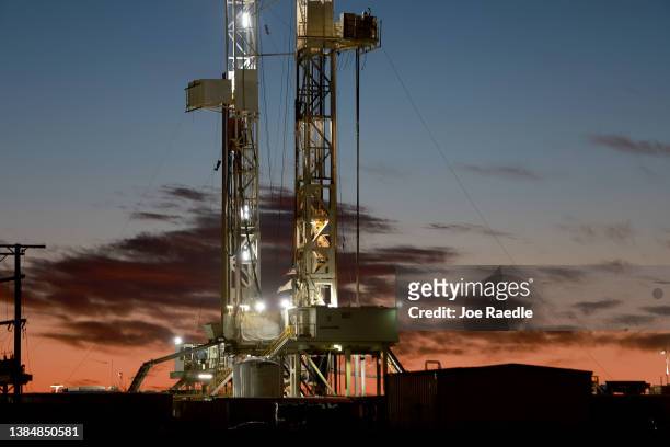 An oil drilling rig setup in the Permian Basin oil field on March 13, 2022 in Midland, Texas. United States President Joe Biden imposed a ban on...
