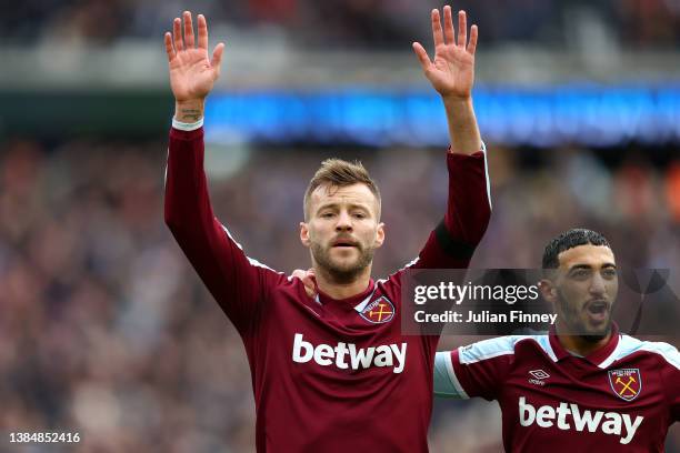 Andriy Yarmolenko of West Ham United celebrates after scoring their side's first goal during the Premier League match between West Ham United and...