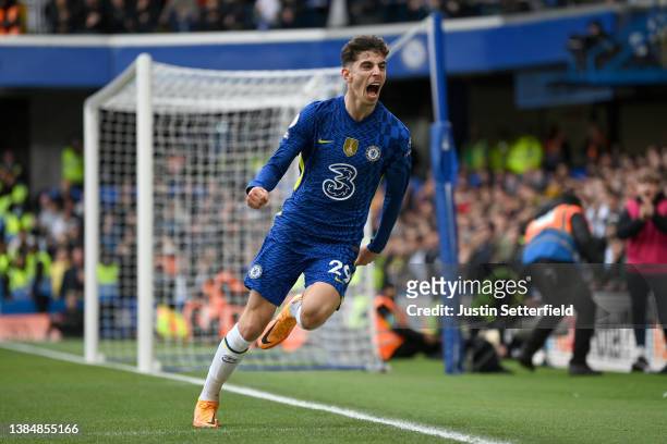 Kai Havertz of Chelsea celebrates after scoring their sides first goal during the Premier League match between Chelsea and Newcastle United at...