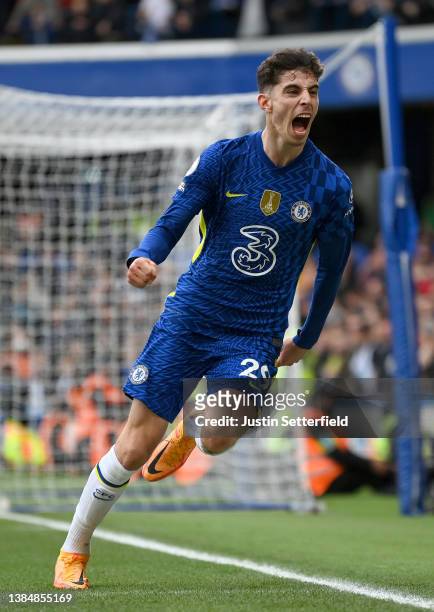 Kai Havertz of Chelsea celebrates after scoring their sides first goal during the Premier League match between Chelsea and Newcastle United at...