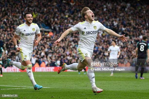 Joe Gelhardt of Leeds United celebrates scoring their side's second goal during the Premier League match between Leeds United and Norwich City at...