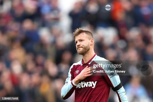 Andriy Yarmolenko of West Ham United acknowledges the fans following their side's victory in the Premier League match between West Ham United and...