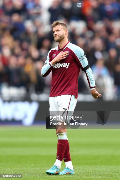 Andriy Yarmolenko of West Ham United acknowledges the fans following their side's victory in the Premier League match between West Ham United and...