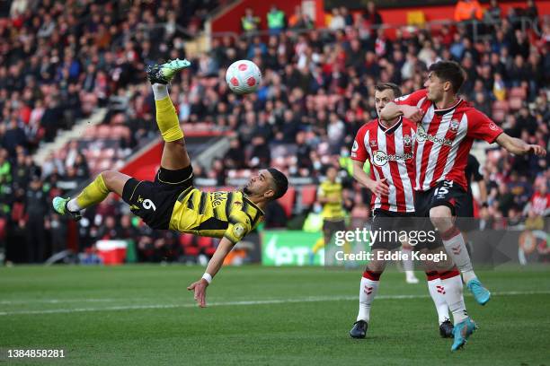 Imran Louza of Watford FC shoots and misses during the Premier League match between Southampton and Watford at St Mary's Stadium on March 13, 2022 in...