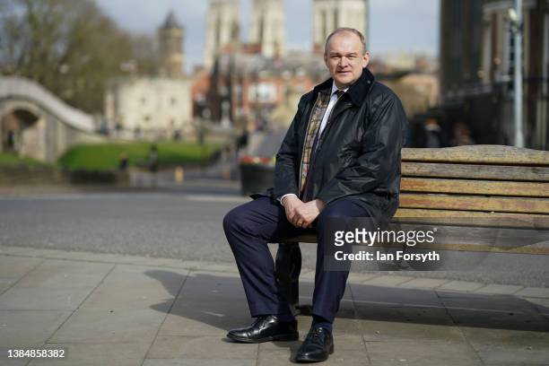 Sir Ed Davey, leader of the Liberal Democrat Party poses for pictures as he walks through York City after delivering his key note speech at the...