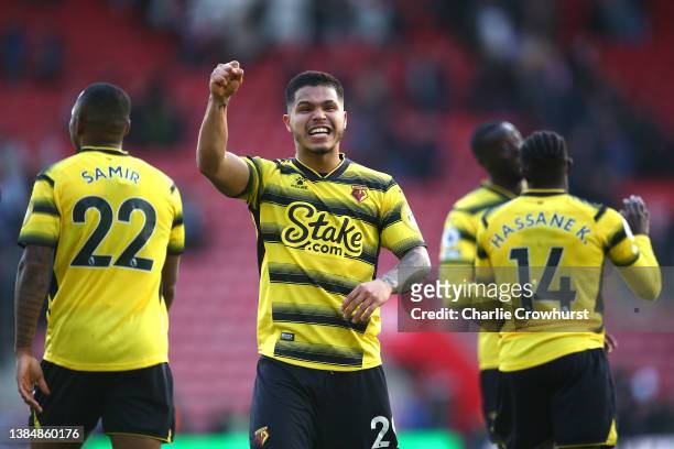 Cucho Hernandez of Watford FC reacts following their sides victory after the Premier League match between Southampton and Watford at St Mary's...