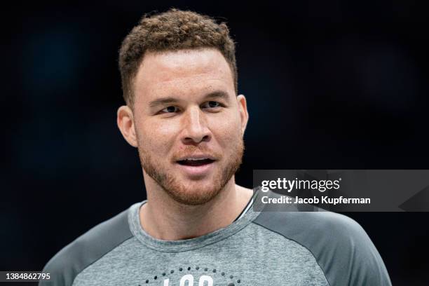 Blake Griffin of the Brooklyn Nets warms up before their game against the Charlotte Hornets at Spectrum Center on March 08, 2022 in Charlotte, North...