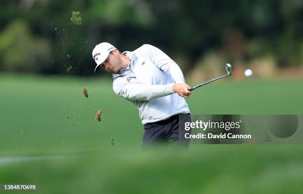 Sam Burns of The United States plays his second shot on the par 4, seventh hole during the weather delayed completion of the second round of THE...