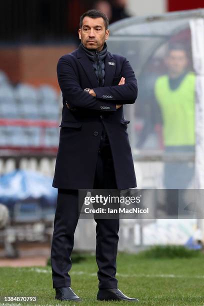 Giovanni van Bronckhorst, Manager of Rangers looks on during the Scottish Cup Sixth Round match between Dundee FC and Rangers FC at Dens Park Stadium...