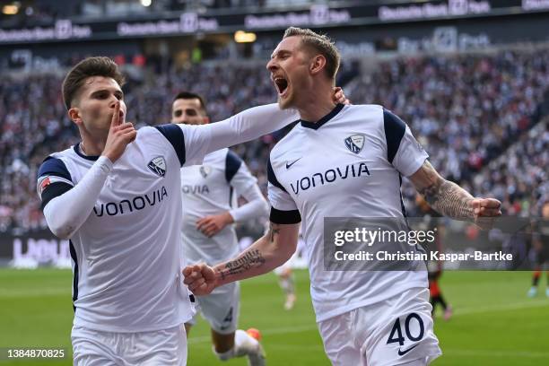 Sebastian Polter of VfL Bochum celebrates after scoring his team`s first goal with Elvis Rexhbecaj of VfL Bochum during the Bundesliga match between...