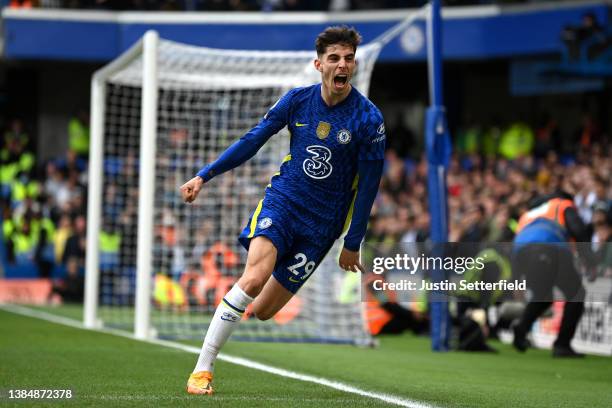 Kai Havertz of Chelsea celebrates after scoring their sides first goal during the Premier League match between Chelsea and Newcastle United at...