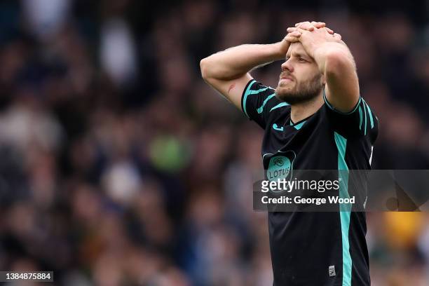 Teemu Pukki of Norwich City looks dejected following defeat in the Premier League match between Leeds United and Norwich City at Elland Road on March...