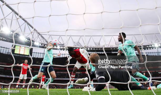 Thomas Partey of Arsenal headed shot hits the hand of Caglar Soyuncu of Leicester City leading to a penalty being awarded after a VAR decision during...