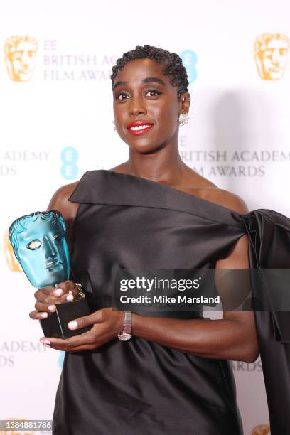Lashana Lynch winner of the Rising Star award 2022 poses in the winners room during the EE British Academy Film Awards 2022 at Royal Albert Hall on...