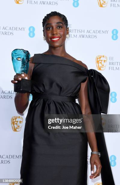 Lashana Lynch winner of the Rising Star award 2022 poses in the winners room during the EE British Academy Film Awards 2022 at Royal Albert Hall on...