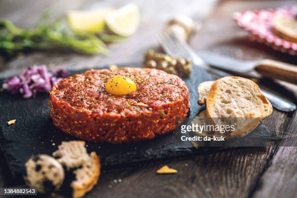 delicious beef tartare - beef stock pictures, royalty-free photos & images