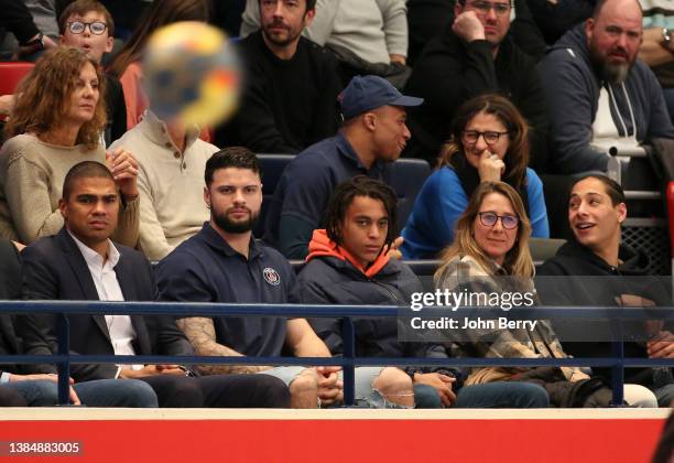 Kylian Mbappe of PSG and his mother Fayza Lamari, bottom row from left Manager of PSG Hand Daniel Narcisse, player of PSG Hand Elohim Prandi,...