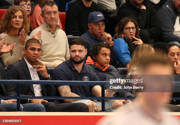 Kylian Mbappe of PSG and his mother Fayza Lamari, bottom row from left Manager of PSG Hand Daniel Narcisse, player of PSG Hand Elohim Prandi,...