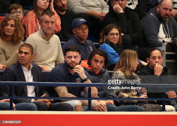 Kylian Mbappe of PSG and his mother Fayza Lamari, bottom row from left Manager of PSG Hand Daniel Narcisse, player of PSG Hand Elohim Prandi,...
