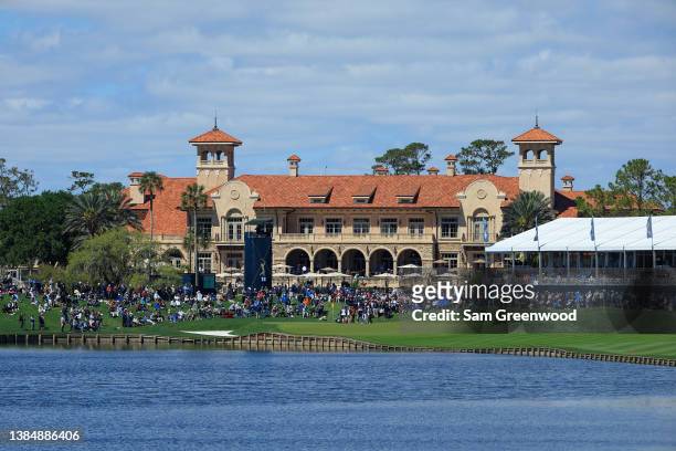 General view of the clubhouse and 18th green is seen during the second round of THE PLAYERS Championship on the Stadium Course at TPC Sawgrass on...