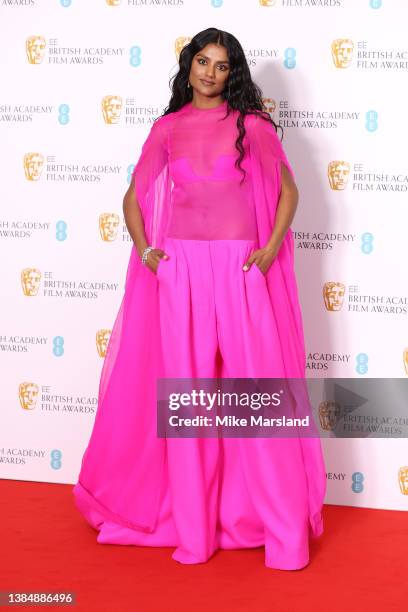 Simone Ashley poses in the winners room during the EE British Academy Film Awards 2022 at Royal Albert Hall on March 13, 2022 in London, England.