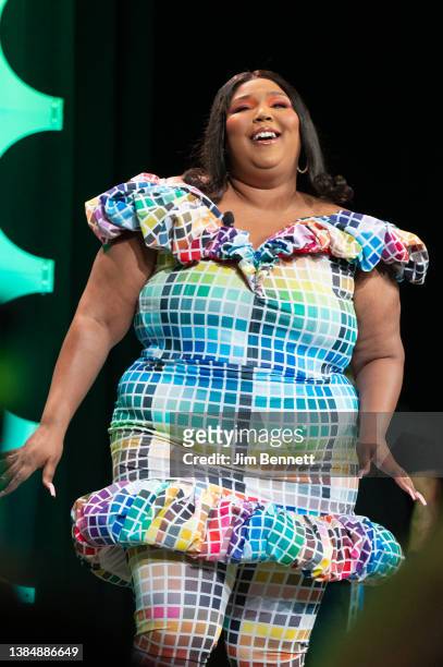 Grammy-winning singer, rapper, songwriter and flutist Lizzo appears live on stage during the Keynote session 'Lizzo' at the 2022 SXSW Conference and...