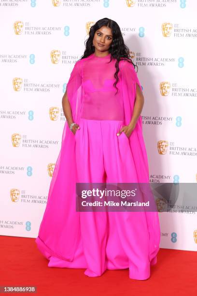 Simone Ashley poses in the winners room during the EE British Academy Film Awards 2022 at Royal Albert Hall on March 13, 2022 in London, England.