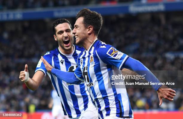 Martin Zubimendi of Real Sociedad celebrates scoring their side's first goal during the LaLiga Santander match between Real Sociedad and Deportivo...