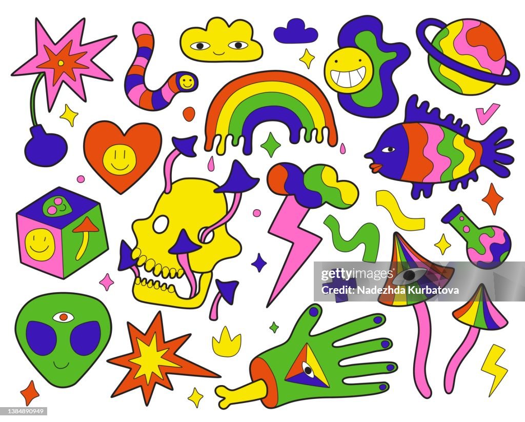 Retro Psychedelic Elements Surreal Hippie Symbols Acid Colors Stickers ...