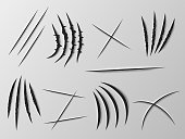 Realistic knife cut. Sharp blade carved effect. Paper incision. Wild animal claws marks. Beast rough slash scratches. Torn surface. Nail tear traces. Vector various shapes carving set