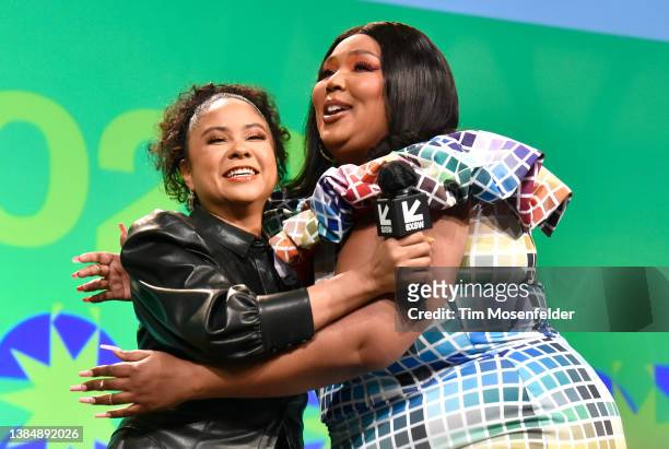 Angela Yee and Lizzo participate in the daily keynote during the 2022 SXSW Conference and Festival - Day 3 at the Austin Convention Center on March...