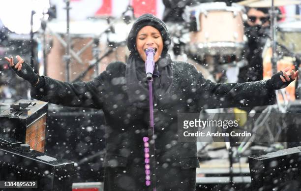 Willow performs ahead of the 2022 Tim Hortons NHL Heritage Classic between the Toronto Maple Leafs and the Buffalo Sabres at Tim Hortons Field on...
