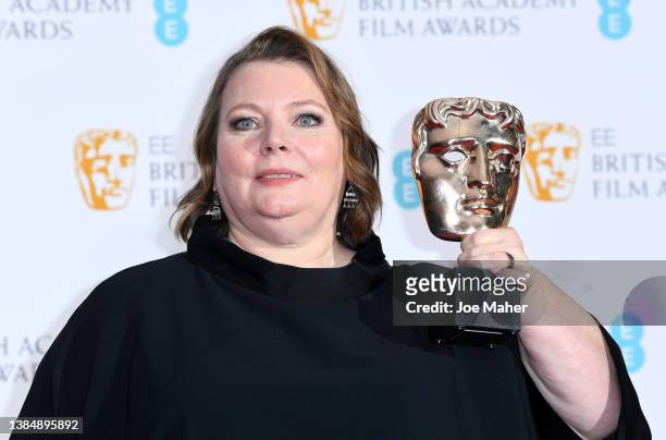 Joanna Scanlan poses in the winners room with the award for Best Actress for "After Love" during the EE British Academy Film Awards 2022 at Royal...