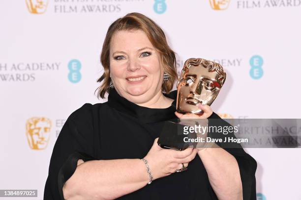 Joanna Scanlan, winner of the Best Actress award for "After Love", poses in the Winners Room at the EE British Academy Film Awards 2022 at Royal...