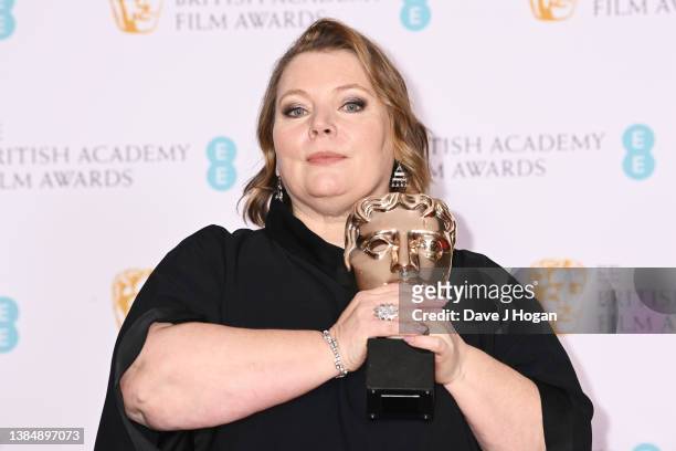 Joanna Scanlan, winner of the Best Actress award for "After Love", poses in the Winners Room at the EE British Academy Film Awards 2022 at Royal...