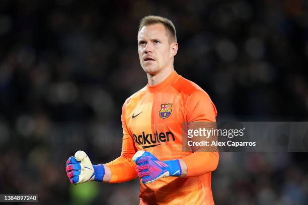 Marc-Andre ter Stegen of FC Barcelona celebrates their team's first goal during the LaLiga Santander match between FC Barcelona and CA Osasuna at...