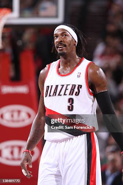 Gerald Wallace of the Portland Trail Blazers looks on during the game against the Charlotte Bobcats on February 1, 2012 at the Rose Garden Arena in...