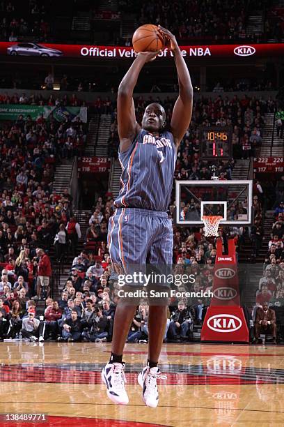 DeSagana Diop of the Charlotte Bobcats shoots the ball against the Portland Trail Blazers on February 1, 2012 at the Rose Garden Arena in Portland,...