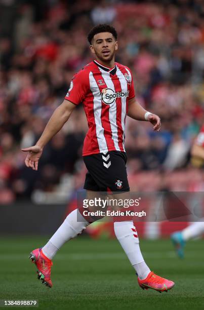 Che Adams of Southampton in action during the Premier League match between Southampton and Watford at St Mary's Stadium on March 13, 2022 in...