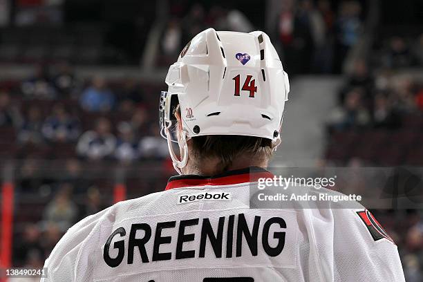 Colin Greening of the Ottawa Senators wears a special decal on the back of his helmet on Do It For Daron Youth Mental Health Awareness Night against...