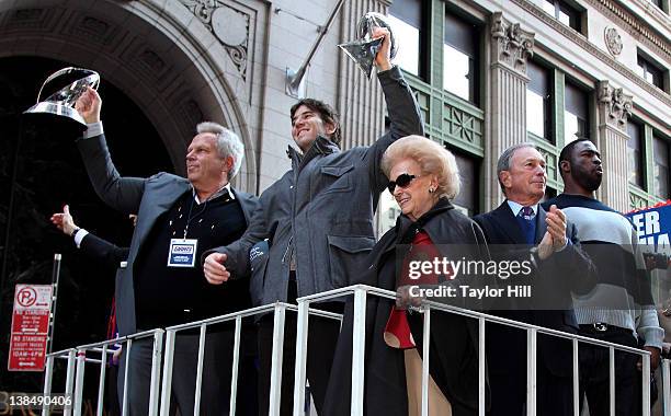 New York Giants Co-owner Steve Tisch, quarterback Eli Manning, New York Giants matriarch Ann Mara, mayor Michael Bloomberg and defensive end Justin...