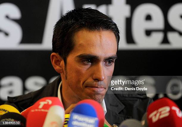 Spanish cyclist Alberto Contador speaks during a press conference a day after the court of arbitration for sport handed him a two-year ban and...