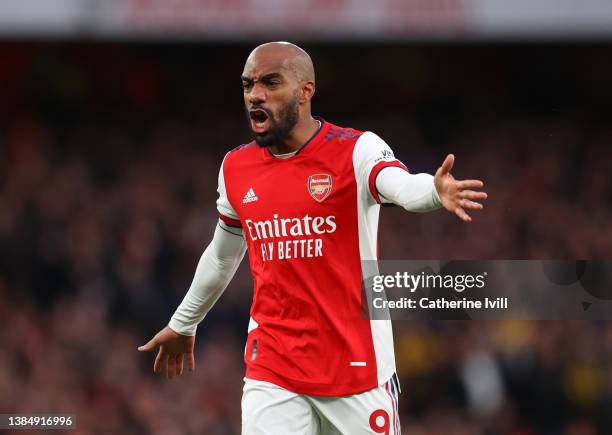 Alexandre Lacazette of Arsenal during the Premier League match between Arsenal and Leicester City at Emirates Stadium on March 13, 2022 in London,...
