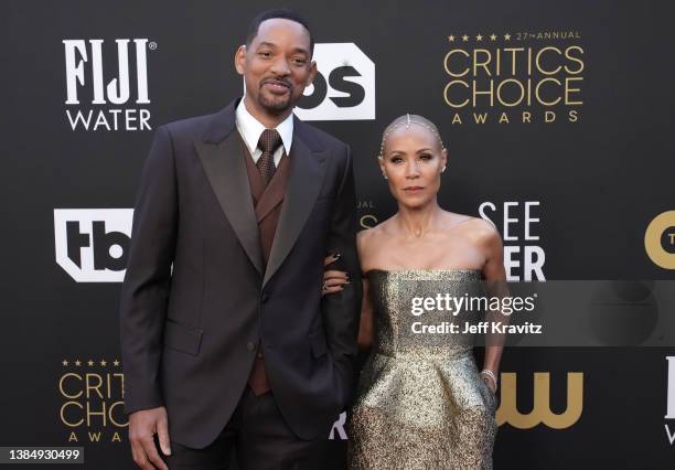 Will Smith and Jada Pinkett Smith attends the 27th Annual Critics Choice Awards at Fairmont Century Plaza on March 13, 2022 in Los Angeles,...