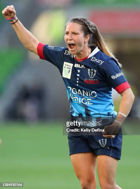 Georgia Cormick of the Rebels celebrates during the round two Super W match between the Melbourne Rebels and the ACT Brumbies at AAMI Park on March...