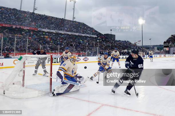 Craig Anderson of the Buffalo Sabres blocks a shot against Ilya Mikheyev of the Toronto Maple Leafs in the third period during the Heritage Classic...