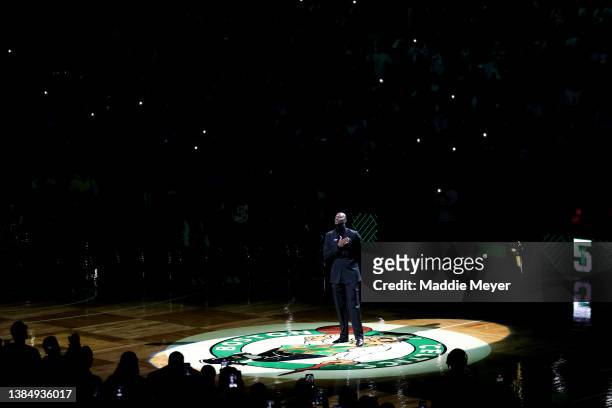 Former Boston Celtics player Kevin Garnett receives a standing ovation during his number retirement ceremony following the game between the Boston...