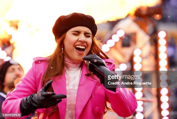 Alessia Cara performs during the second intermission of the 2022 Tim Hortons NHL Heritage Classic between the Toronto Maple Leafs and the Buffalo...