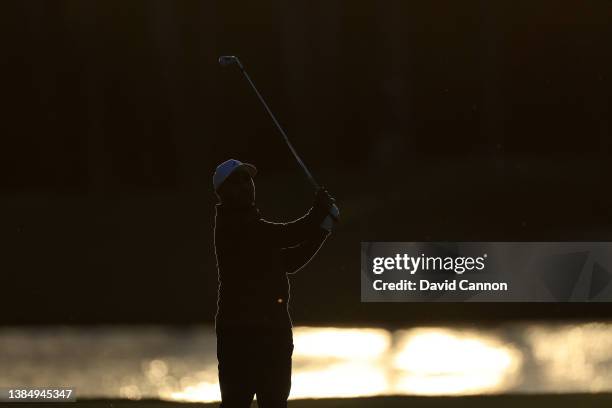 Harold Varner III of The United States plays his second shot on the par 4, seventh hole during completion of the weather delayed third round of THE...